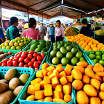 **Image Prompt:** A vibrant display of fresh, high-quality fruits and vegetables at a Vietnamese market (chợ). Focus on mangoes (xoài cát Hòa Lộc), carrots (cà rốt), and sweet potatoes (khoai lang). Capture the bustling atmosphere with vendors and shoppers. Emphasize bright, natural colors and textures.