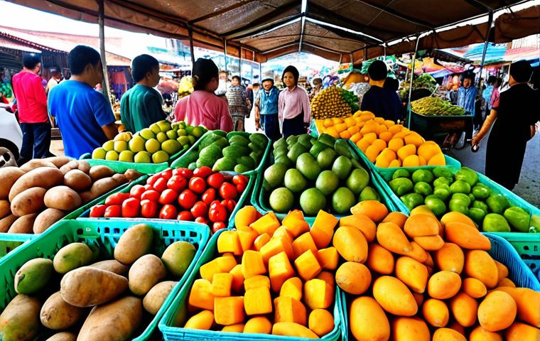**Image Prompt:** A vibrant display of fresh, high-quality fruits and vegetables at a Vietnamese market (chợ). Focus on mangoes (xoài cát Hòa Lộc), carrots (cà rốt), and sweet potatoes (khoai lang). Capture the bustling atmosphere with vendors and shoppers. Emphasize bright, natural colors and textures.