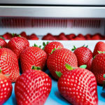 **

A vibrant, close-up shot of freeze-dried strawberries. The strawberries are bright red and retain their shape, showcasing their crispy, airy texture.  In the background, blur out a modern freeze-drying machine to subtly hint at the technology behind the product. The overall mood is clean, healthy, and appealing.

**