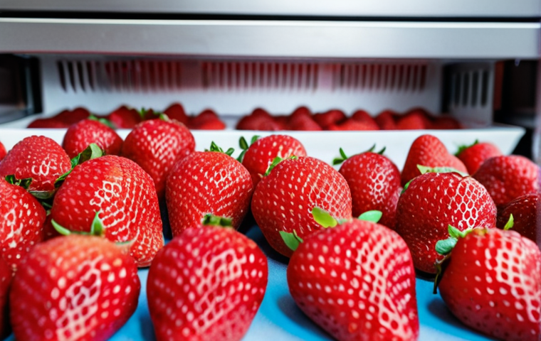 **

A vibrant, close-up shot of freeze-dried strawberries. The strawberries are bright red and retain their shape, showcasing their crispy, airy texture.  In the background, blur out a modern freeze-drying machine to subtly hint at the technology behind the product. The overall mood is clean, healthy, and appealing.

**
