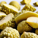 A close-up, high-definition shot of perfectly freeze-dried durian pieces, showcasing their delicate, crispy texture and vibrant, natural color, looking almost as fresh as the real fruit. In the soft-focus background, a futuristic, spotless food processing facility with sleek, advanced drying equipment and subtle light effects, symbolizing the fusion of science, art, and technology in food preservation. Emphasize the surprising freshness and high quality of the dried product.