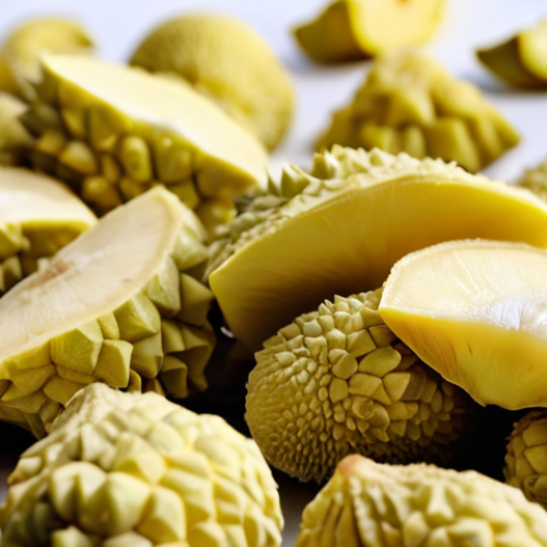 Home 17 A close-up, high-definition shot of perfectly freeze-dried durian pieces, showcasing their delicate, crispy texture and vibrant, natural color, looking almost as fresh as the real fruit. In the soft-focus background, a futuristic, spotless food processing facility with sleek, advanced drying equipment and subtle light effects, symbolizing the fusion of science, art, and technology in food preservation. Emphasize the surprising freshness and high quality of the dried product.