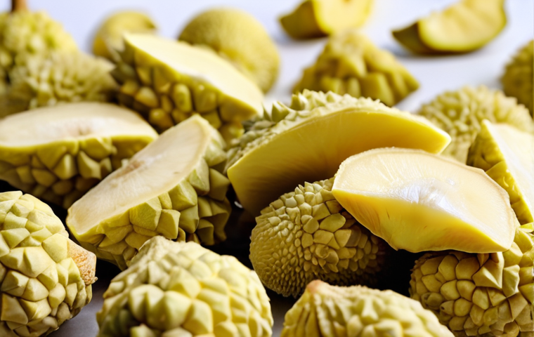 A close-up, high-definition shot of perfectly freeze-dried durian pieces, showcasing their delicate, crispy texture and vibrant, natural color, looking almost as fresh as the real fruit. In the soft-focus background, a futuristic, spotless food processing facility with sleek, advanced drying equipment and subtle light effects, symbolizing the fusion of science, art, and technology in food preservation. Emphasize the surprising freshness and high quality of the dried product.