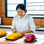 A contented Vietnamese woman, in her mid-30s, dressed in modest, light-colored, professional casual wear, is meticulously arranging vibrant slices of fresh mango, dragon fruit, and pineapple onto drying trays. She is in a bright, modern kitchen with a large window, suggesting natural light. A bowl of beautifully finished, naturally dried fruit snacks sits nearby on a clean wooden countertop. The scene exudes a sense of peace and healthy living. Professional photography, high quality, studio lighting, highly detailed, realistic, perfect anatomy, correct proportions, natural pose, well-formed hands, proper finger count, natural body proportions, safe for work, appropriate content, fully clothed, family-friendly.