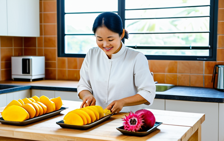 A contented Vietnamese woman, in her mid-30s, dressed in modest, light-colored, professional casual wear, is meticulously arranging vibrant slices of fresh mango, dragon fruit, and pineapple onto drying trays. She is in a bright, modern kitchen with a large window, suggesting natural light. A bowl of beautifully finished, naturally dried fruit snacks sits nearby on a clean wooden countertop. The scene exudes a sense of peace and healthy living. Professional photography, high quality, studio lighting, highly detailed, realistic, perfect anatomy, correct proportions, natural pose, well-formed hands, proper finger count, natural body proportions, safe for work, appropriate content, fully clothed, family-friendly.