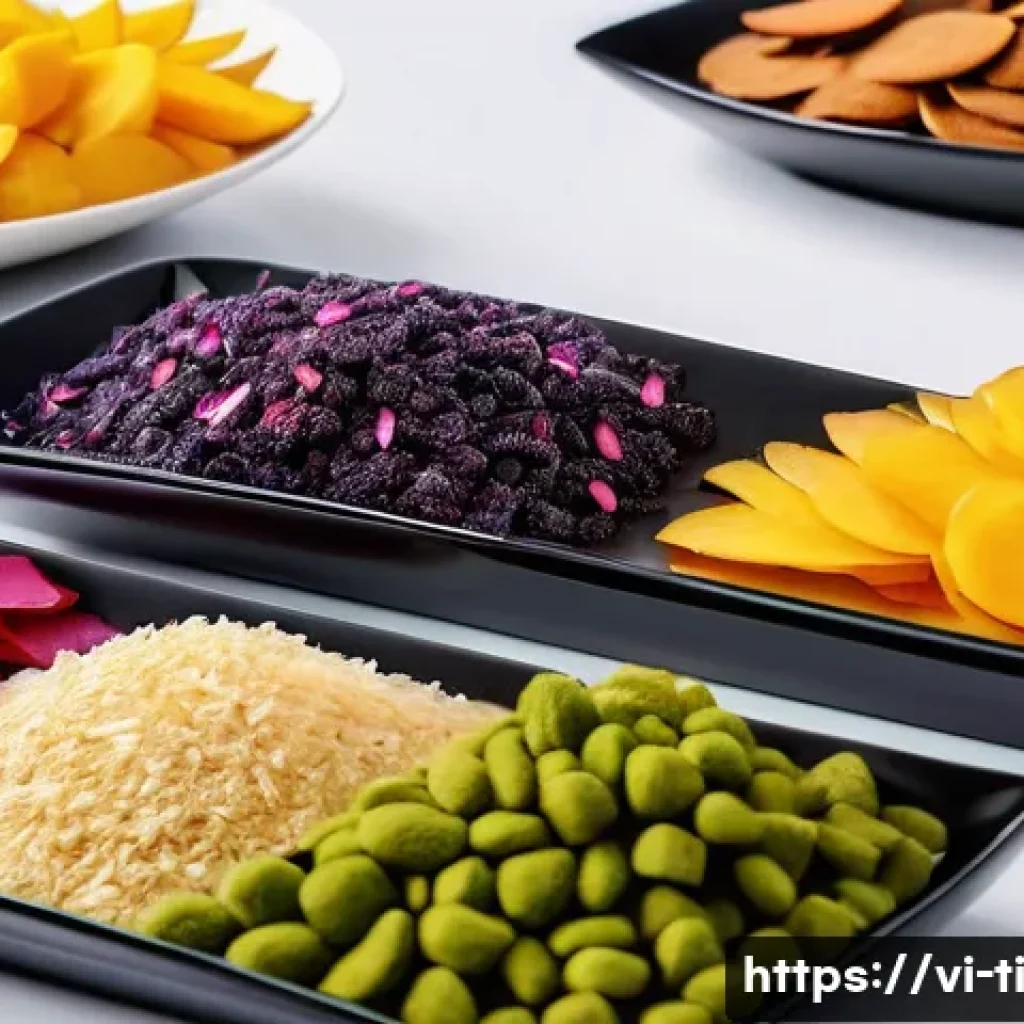 건조 식품 제조의 트렌드 및 전망 분석 - **Prompt:** A close-up shot of a meticulously arranged display of diverse, healthy Vietnamese dried ...