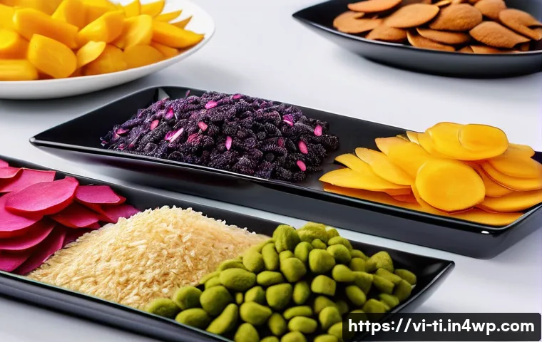 건조 식품 제조의 트렌드 및 전망 분석 - **Prompt:** A close-up shot of a meticulously arranged display of diverse, healthy Vietnamese dried ...