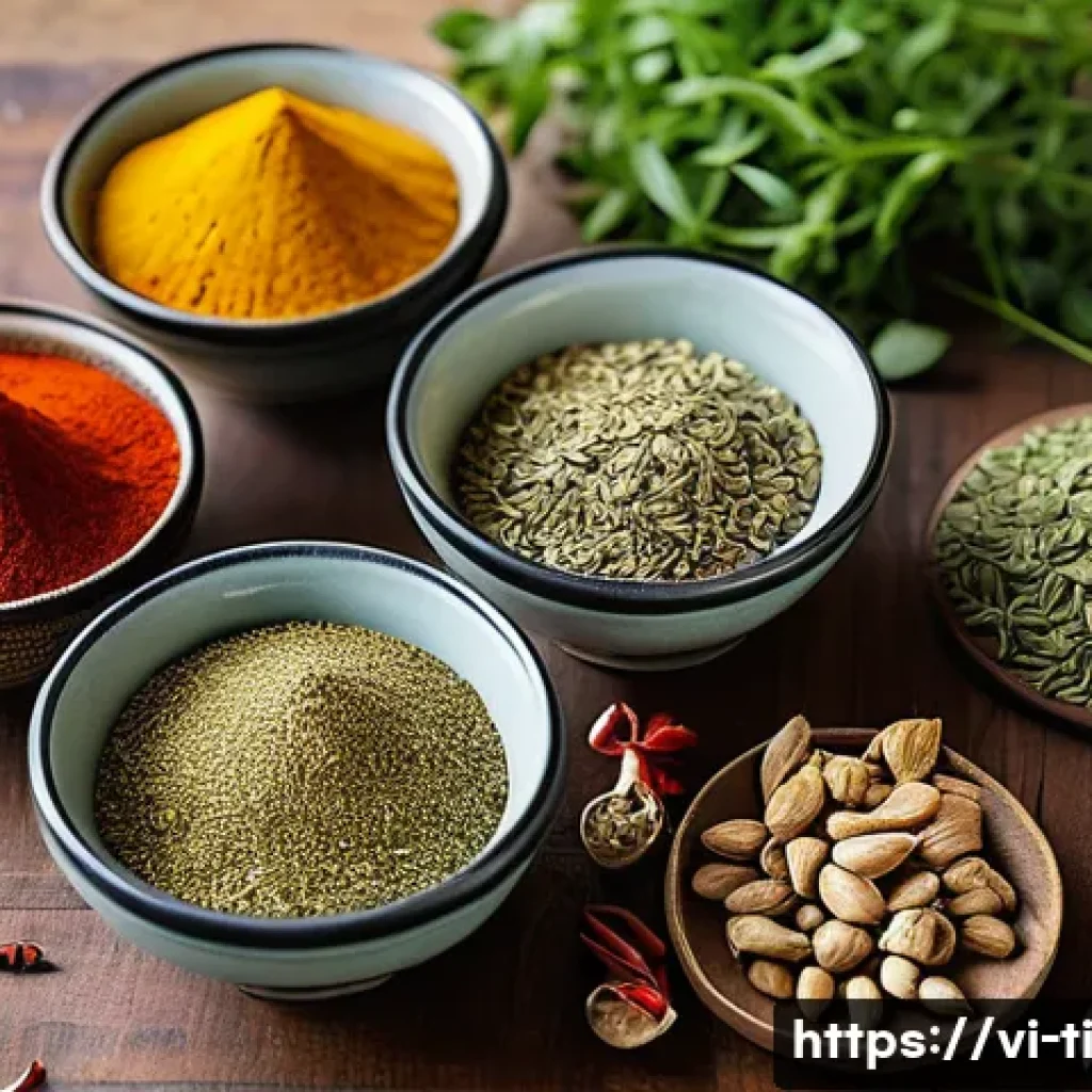 다양한 맛을 위한 건조 식품 양념 아이디어 - A vibrant Vietnamese kitchen scene showcasing traditional and modern spices arranged artfully on a r...
