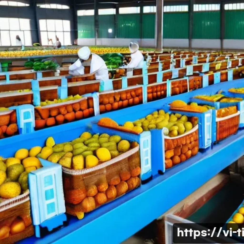 건조 식품 제조의 비용 절감 전략 - A detailed scene of a Vietnamese dry fruit processing facility showcasing local seasonal ingredients...