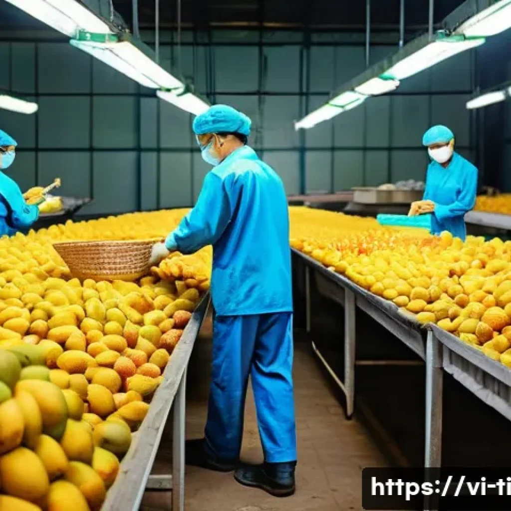 건조 식품 제조과정에서의 품질 보증 - A Vietnamese fruit drying factory scene with workers wearing clean uniforms and hairnets selecting f...