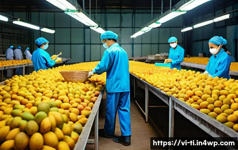 건조 식품 제조과정에서의 품질 보증 - A Vietnamese fruit drying factory scene with workers wearing clean uniforms and hairnets selecting f...