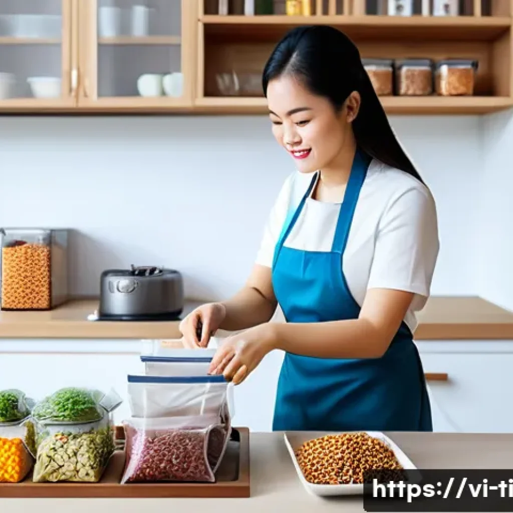 건조 식품의 시장 전망과 성장 가능성 - A modern Vietnamese kitchen scene showing a busy young adult woman in casual clothing, wearing a sty...
