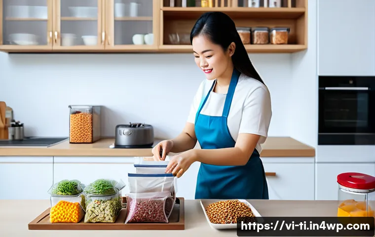 건조 식품의 시장 전망과 성장 가능성 - A modern Vietnamese kitchen scene showing a busy young adult woman in casual clothing, wearing a sty...