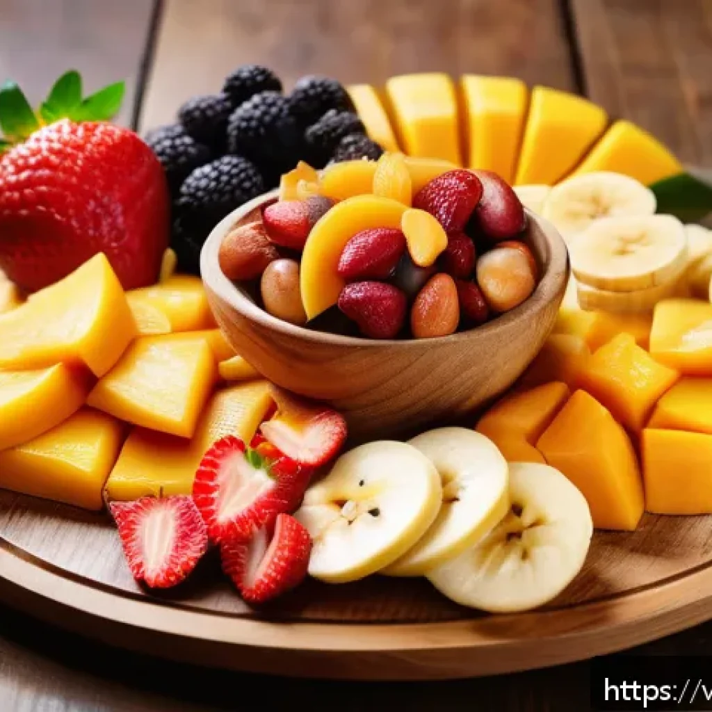 건조 식품으로 만드는 건강한 스낵 레시피 - A vibrant, close-up image of assorted naturally dried fruits arranged artfully on a wooden platter, ...