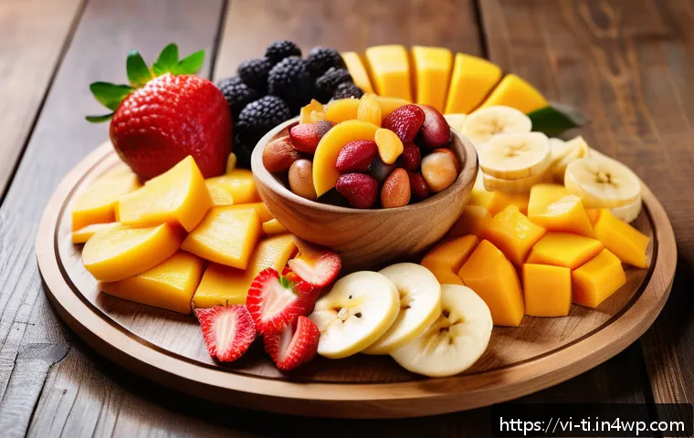 건조 식품으로 만드는 건강한 스낵 레시피 - A vibrant, close-up image of assorted naturally dried fruits arranged artfully on a wooden platter, ...