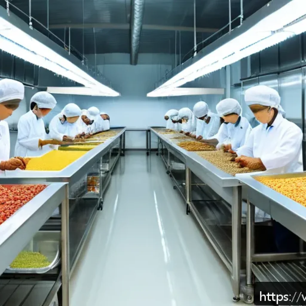 건조 식품 제조의 법적 규제 및 기준 - A modern Vietnamese dry food production facility interior, featuring spotless white tiled floors, sm...