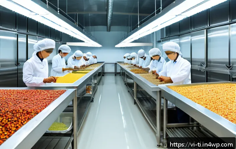 건조 식품 제조의 법적 규제 및 기준 - A modern Vietnamese dry food production facility interior, featuring spotless white tiled floors, sm...