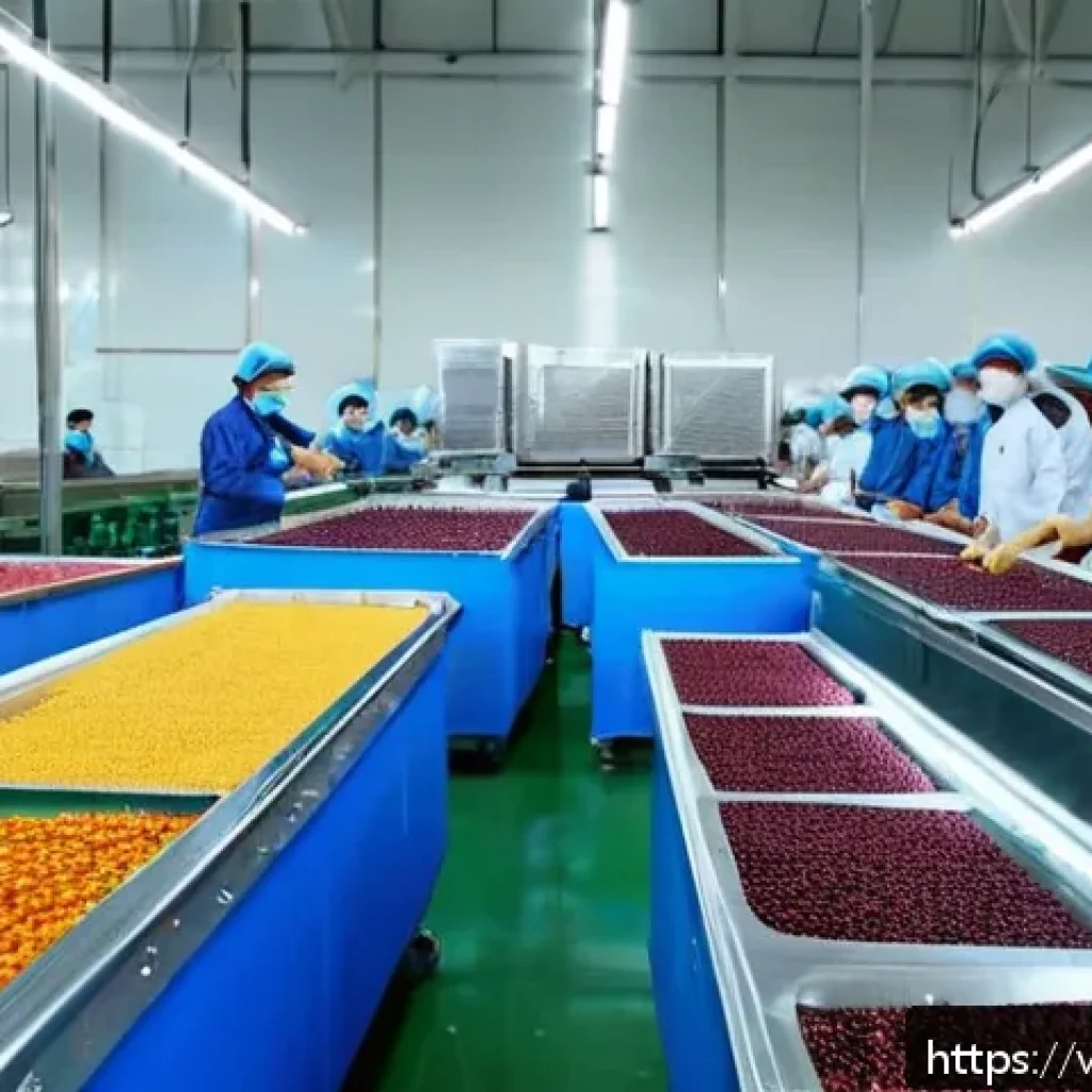 건조 식품 제조의 윤리적 고려 사항 - A modern Vietnamese dried fruit processing factory interior, showcasing clean and organized producti...