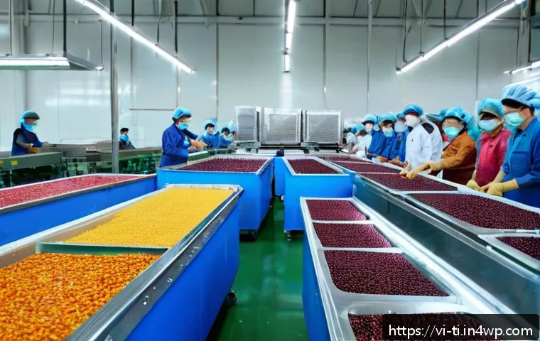 건조 식품 제조의 윤리적 고려 사항 - A modern Vietnamese dried fruit processing factory interior, showcasing clean and organized producti...
