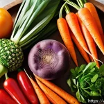 신선한 재료로 만드는 최고의 건조 식품 레시피 - A vibrant kitchen scene showcasing a variety of fresh organic vegetables and fruits arranged neatly ...