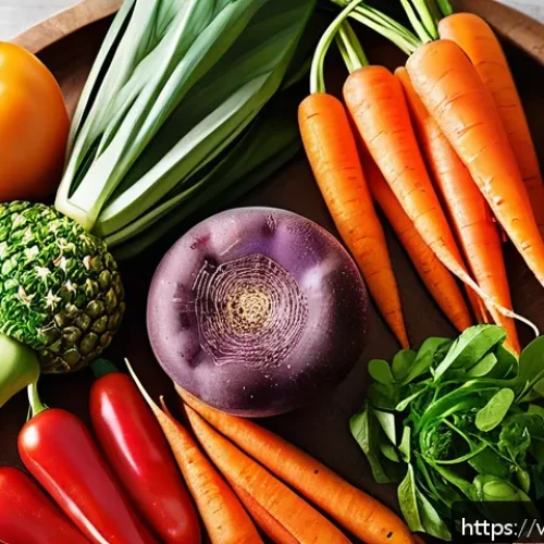 신선한 재료로 만드는 최고의 건조 식품 레시피 - A vibrant kitchen scene showcasing a variety of fresh organic vegetables and fruits arranged neatly ...
