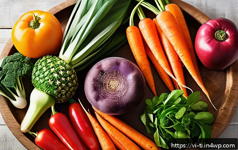 신선한 재료로 만드는 최고의 건조 식품 레시피 - A vibrant kitchen scene showcasing a variety of fresh organic vegetables and fruits arranged neatly ...
