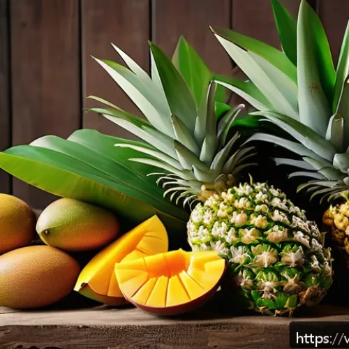 건조 식품 제조에 대한 자주 묻는 질문 - A vibrant, detailed scene of fresh tropical fruits like ripe mangoes, jackfruit, and pineapples care...