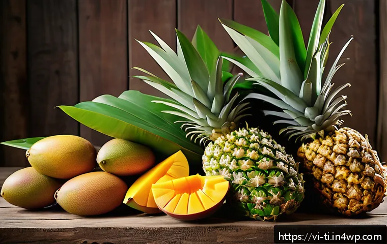 건조 식품 제조에 대한 자주 묻는 질문 - A vibrant, detailed scene of fresh tropical fruits like ripe mangoes, jackfruit, and pineapples care...