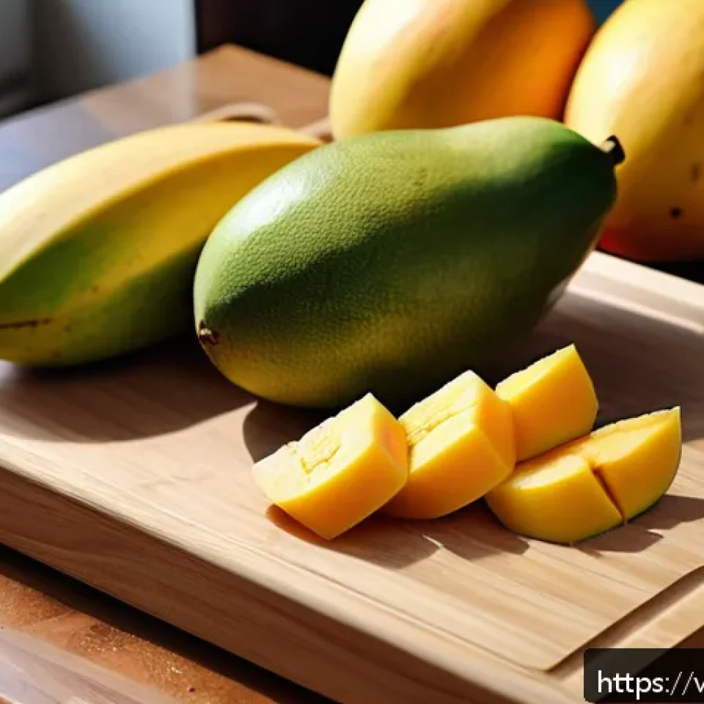실패 없는 건조 식품 제조를 위한 팁 - A detailed kitchen scene showing fresh, ripe tropical fruits such as mangoes and bananas carefully w...