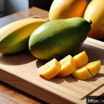 실패 없는 건조 식품 제조를 위한 팁 - A detailed kitchen scene showing fresh, ripe tropical fruits such as mangoes and bananas carefully w...