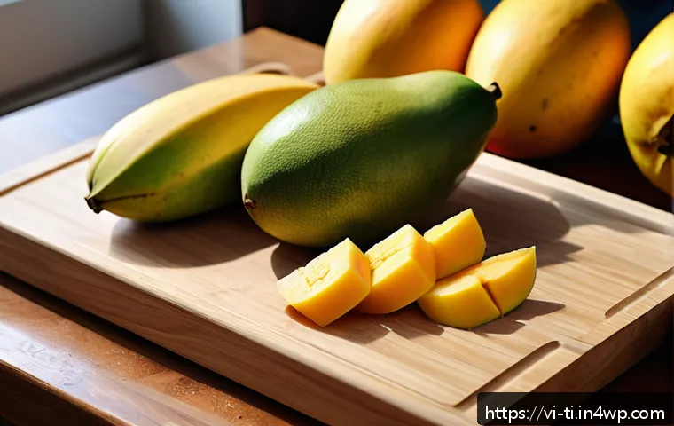 실패 없는 건조 식품 제조를 위한 팁 - A detailed kitchen scene showing fresh, ripe tropical fruits such as mangoes and bananas carefully w...