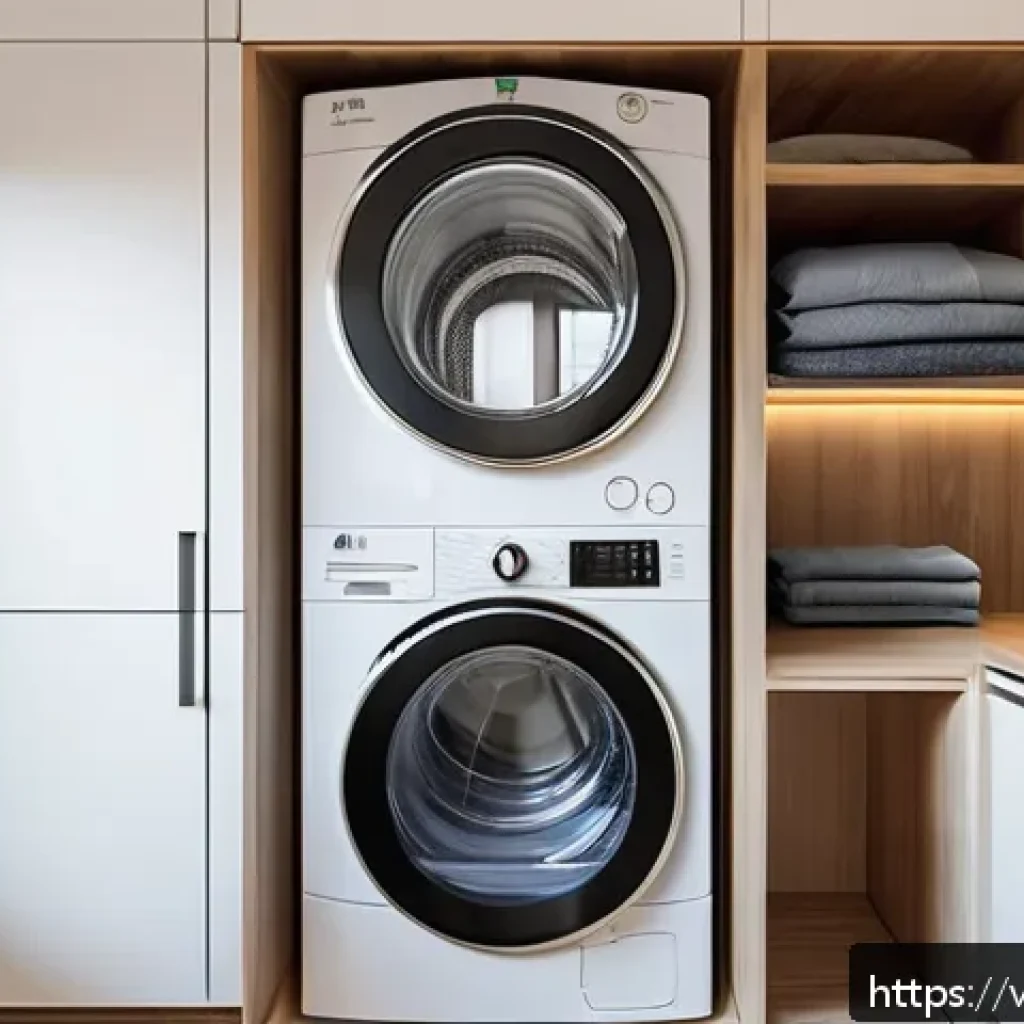 가정용 건조기 선택 시 고려사항 - A modern Vietnamese apartment laundry room featuring a sleek heat pump dryer with a transparent fron...