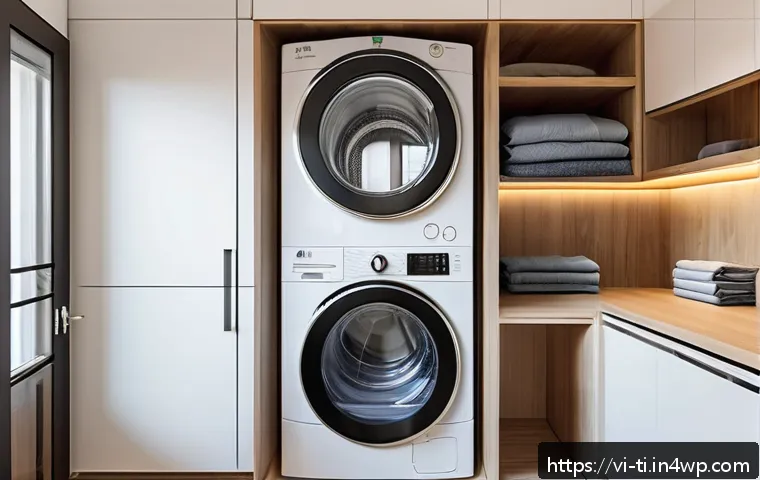 가정용 건조기 선택 시 고려사항 - A modern Vietnamese apartment laundry room featuring a sleek heat pump dryer with a transparent fron...
