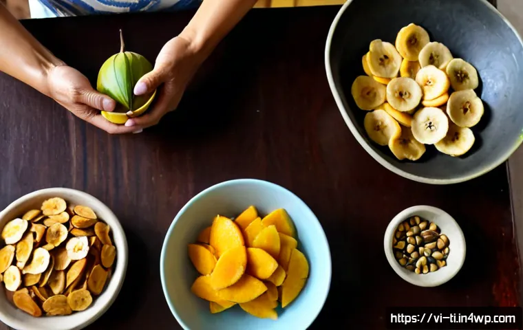 Home 17 건조 식품의 건강 효과와 연구 동향 - Photorealistic Vietnamese home kitchen scene, overhead view of neatly arranged dried mango, banana c...