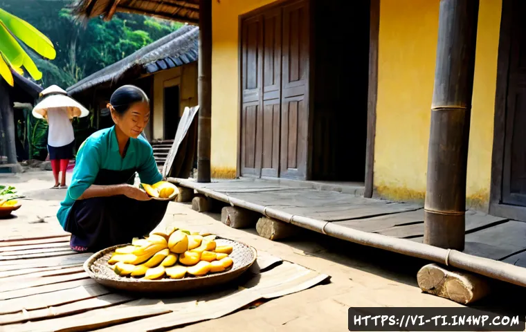 Home 17 건조 식품 제조의 역사 및 발전 과정 - Photorealistic historical scene in rural Vietnam, an elderly Vietnamese woman and younger family mem...